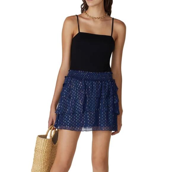 Ramy Brook Tabitha Ruffle Metallic Mini Skirt Navy Blue Size Small Gently Used - Picture 1 of 6